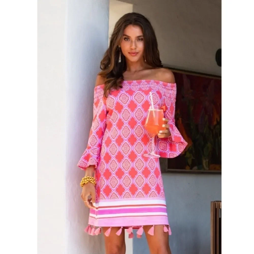 Cabana Life Coral Geo Off Shoulder SPF Dress XS - Picture 2 of 11